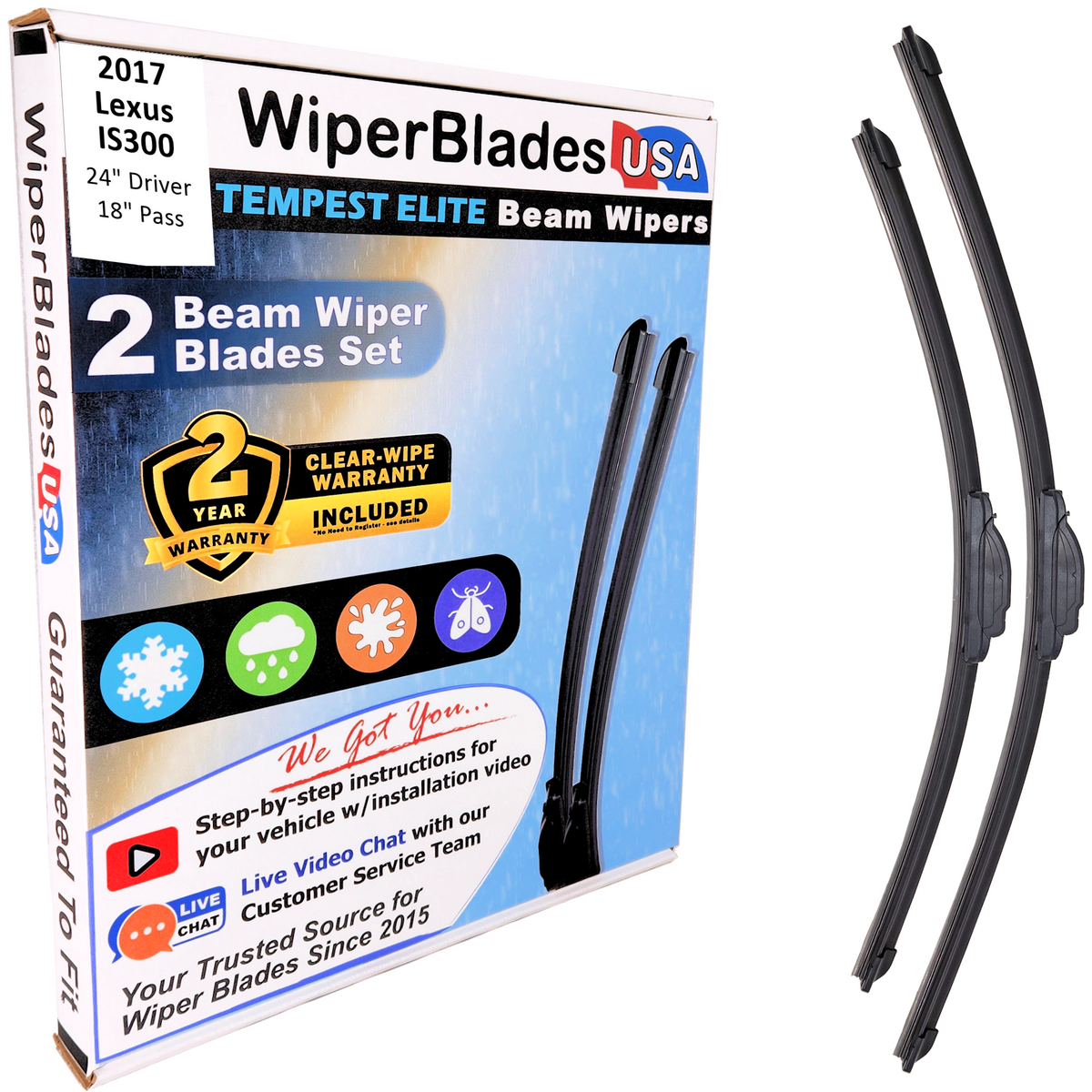 2017 Lexus IS300 Wiper Blades Set w/2yr Warranty (Set of 2) Tempest Elite Wipers