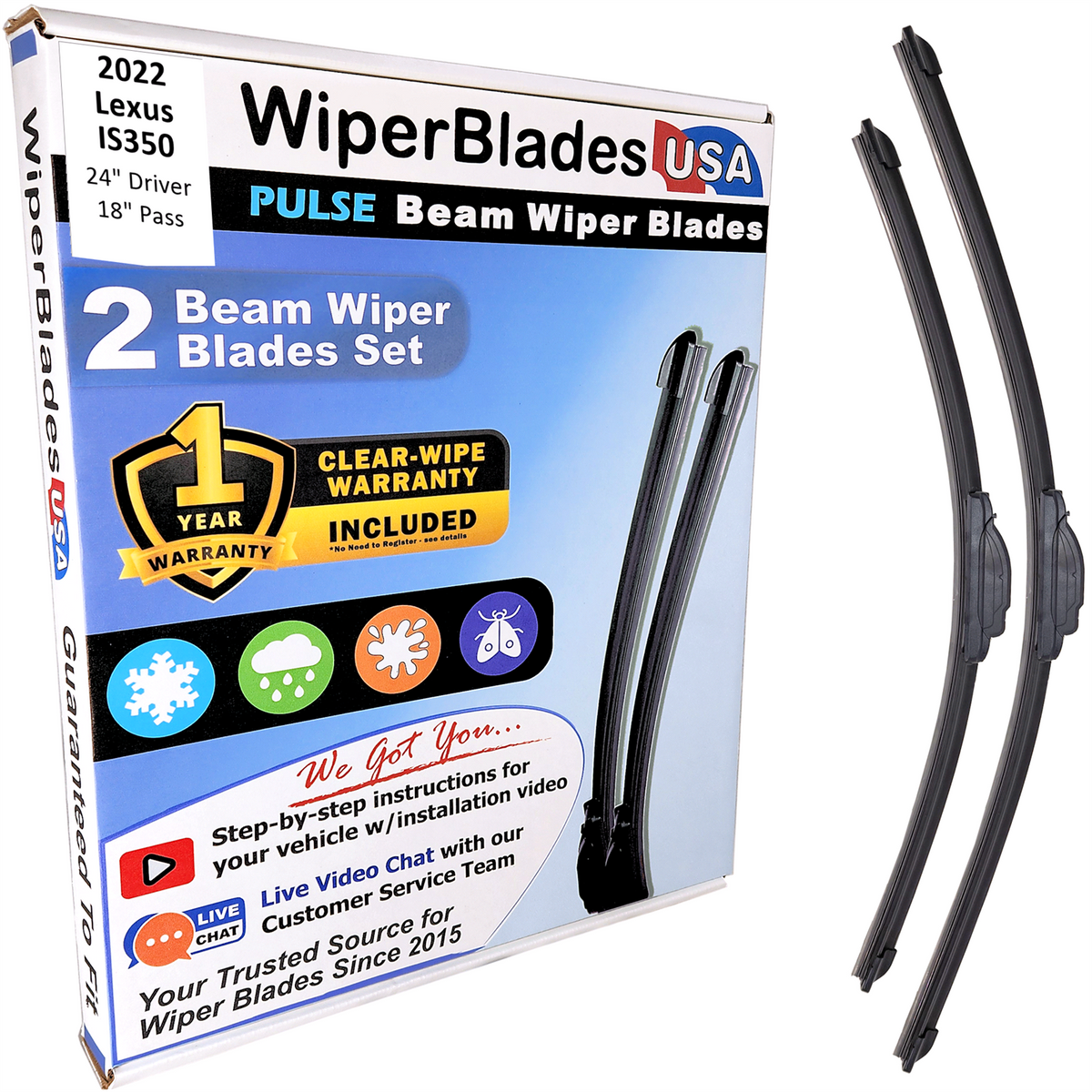 2022 Lexus IS350 Wiper Blades Set w/1yr Warranty (Set of 2) Pulse Beam Wipers